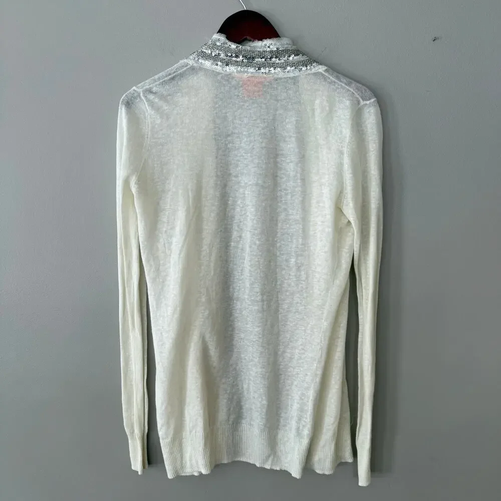 Tory Burch Open Front Long Cardigan Linen Cotton Sequin Thin Knit Sweater Sz Sml